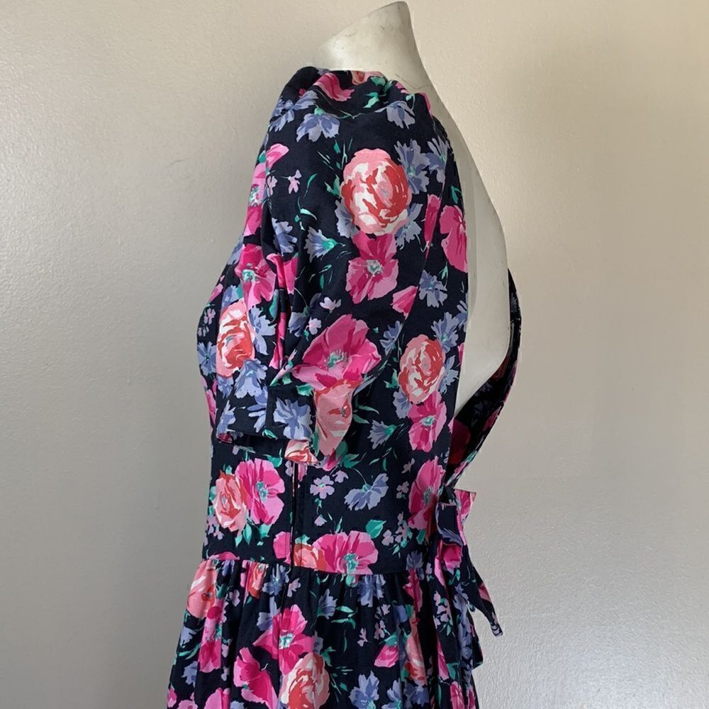 Laura Ashley Floral Midi Dress Puff Sleeves bow & Open plunging Back sz 10 prom - Picture 15 of 16
